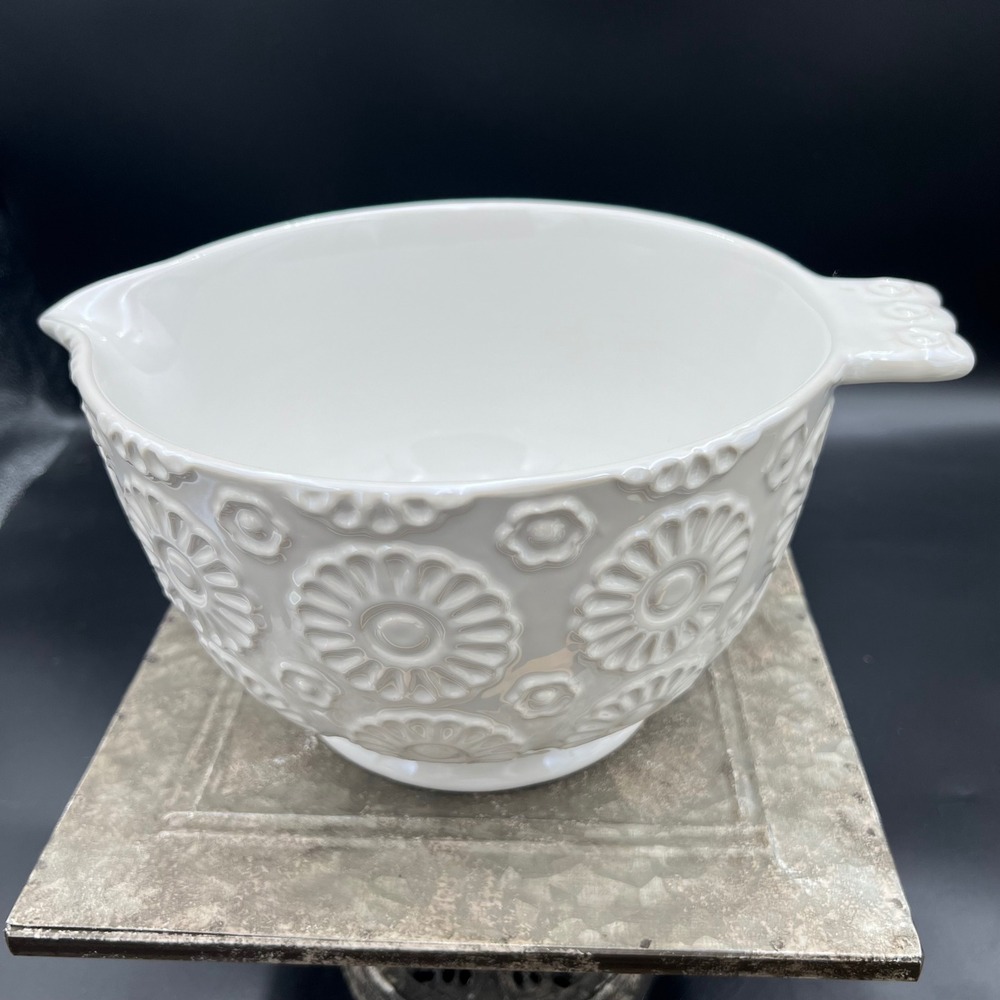 Ciroa Vintage Bake Shop White Stoneware Mixing Bowl Floral Embossed Pour Spout